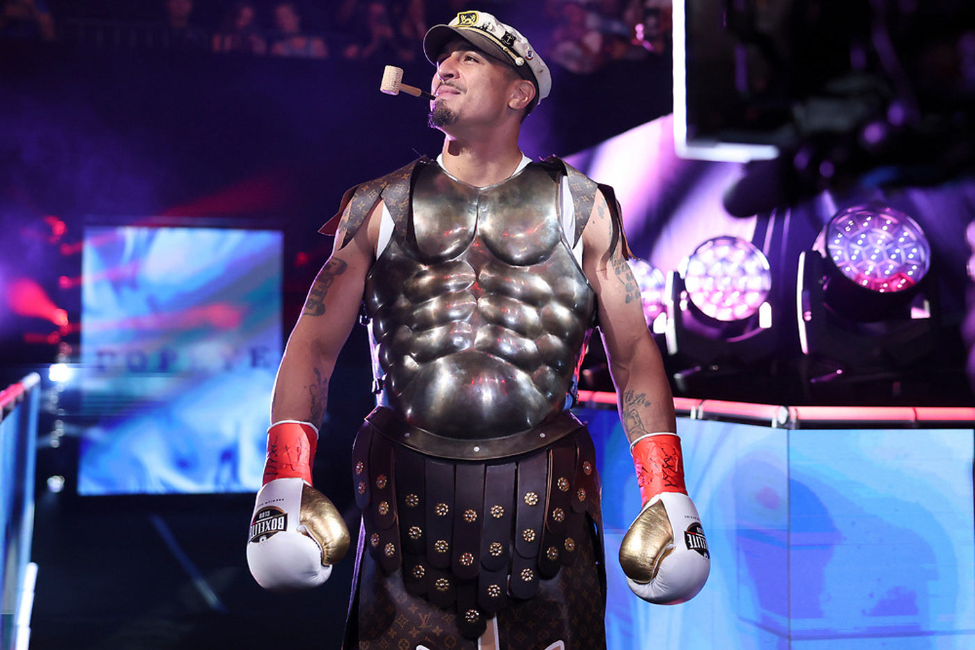 Richard Popeye Rivera enters the ring at Barclays Center wearing BOXELITE professional boxing gloves with red and white wrist cuffs