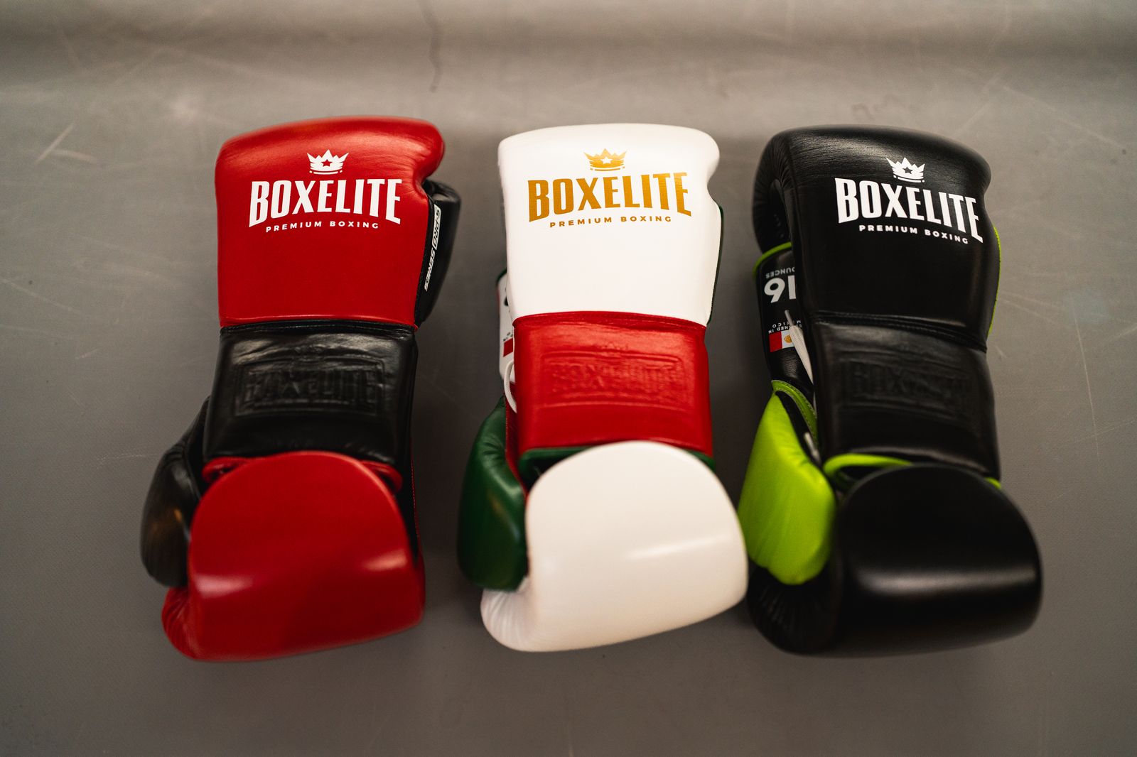 BOXELITE S-PRO Series boxing gloves in all three colorways: Red and Black, MX Tri-Color white red green, and Black and Neon green