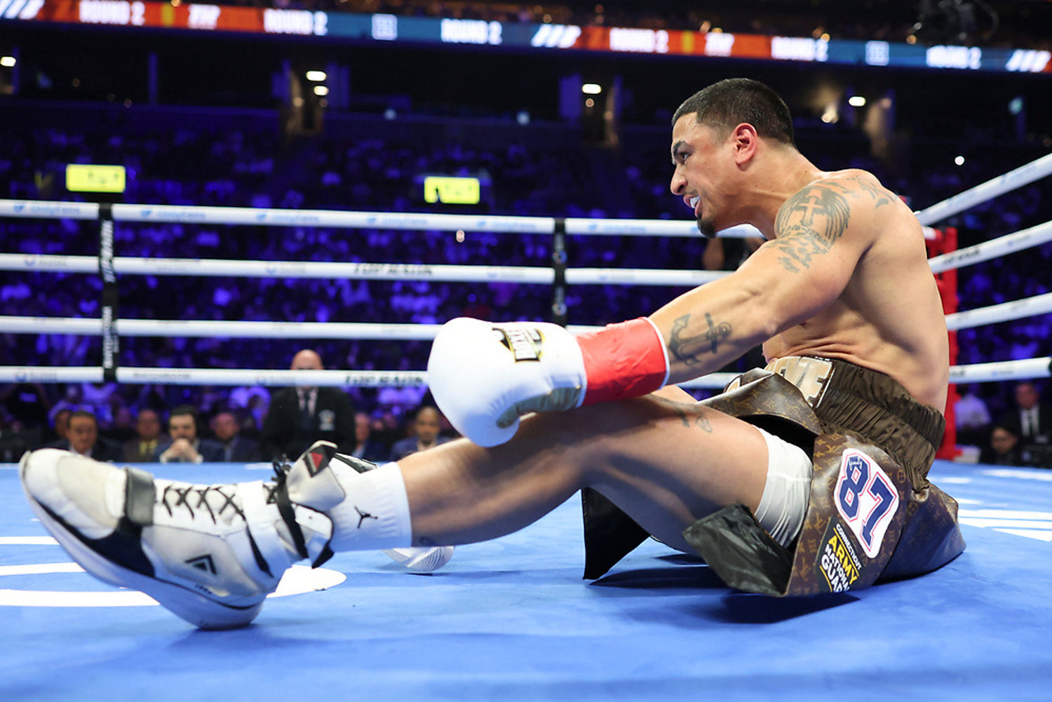 Richard Popeye Rivera on the canvas after a Ben Whittaker knockdown in round 2 at Barclays Center