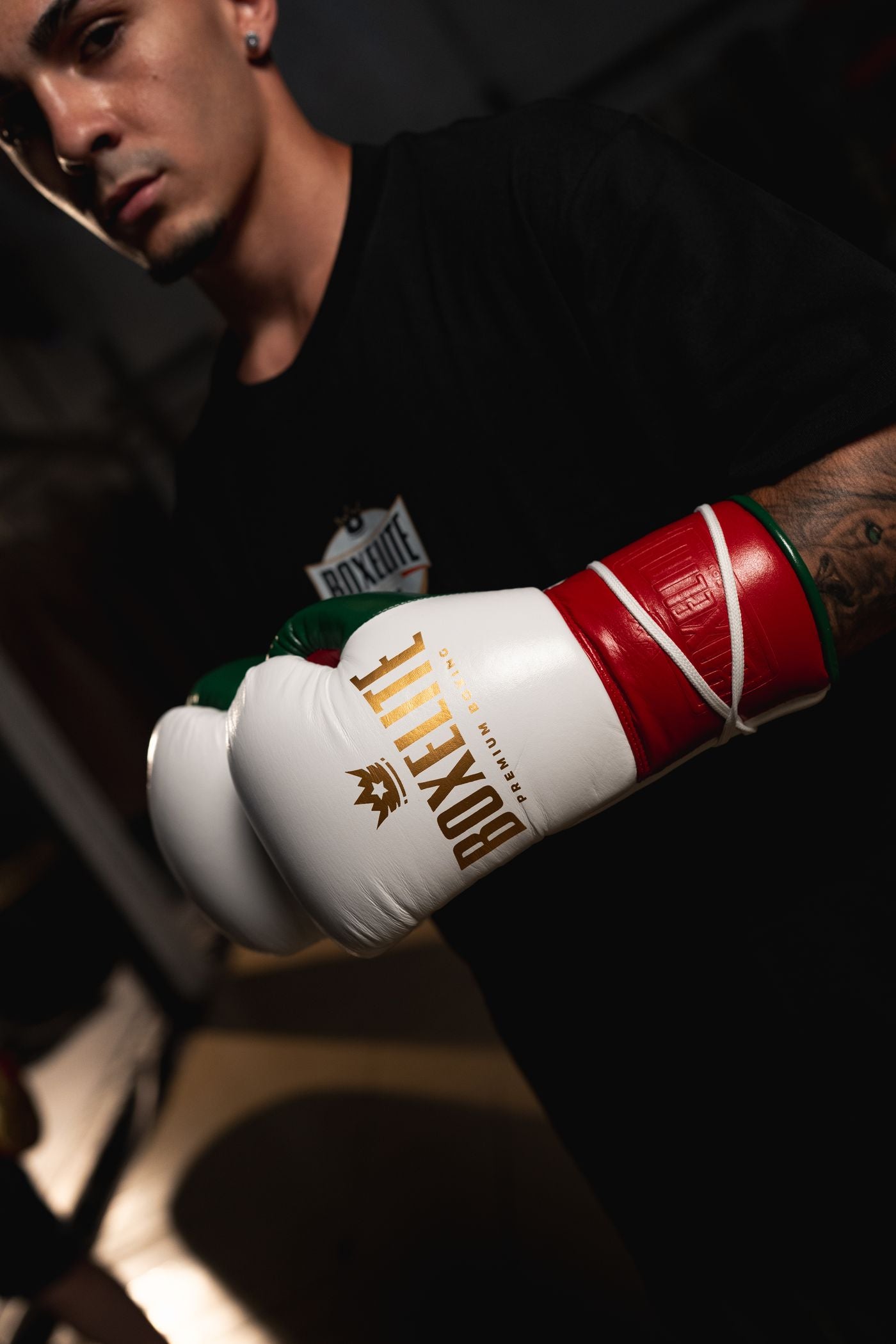 BOXELITE S-PRO MX Tri-Color glove showing the extended Mexican-style laced cuff