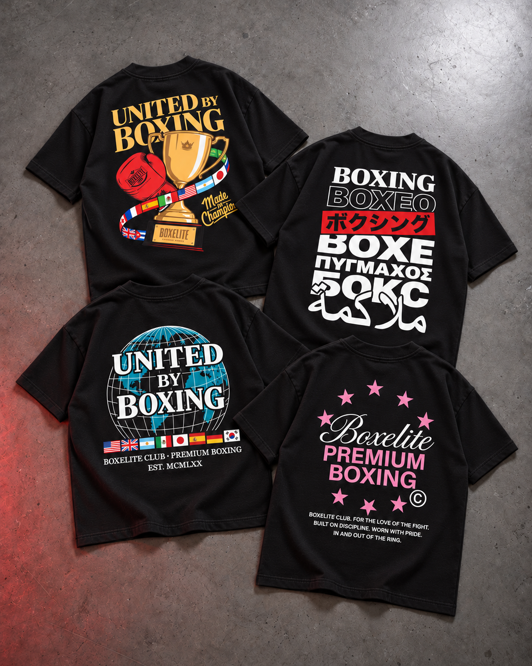 United by Boxing collection, the four tees