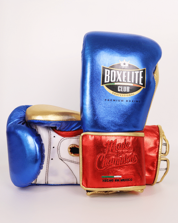 blue_velcro_1 Training MX Gloves - Metallic Blue & Red with Gold 16oz - Image 1